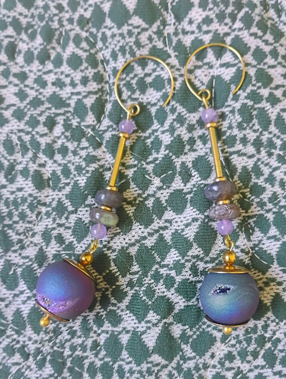 Long Labradorite, Amethyst, and Titanium Druzy Handmade Earrings